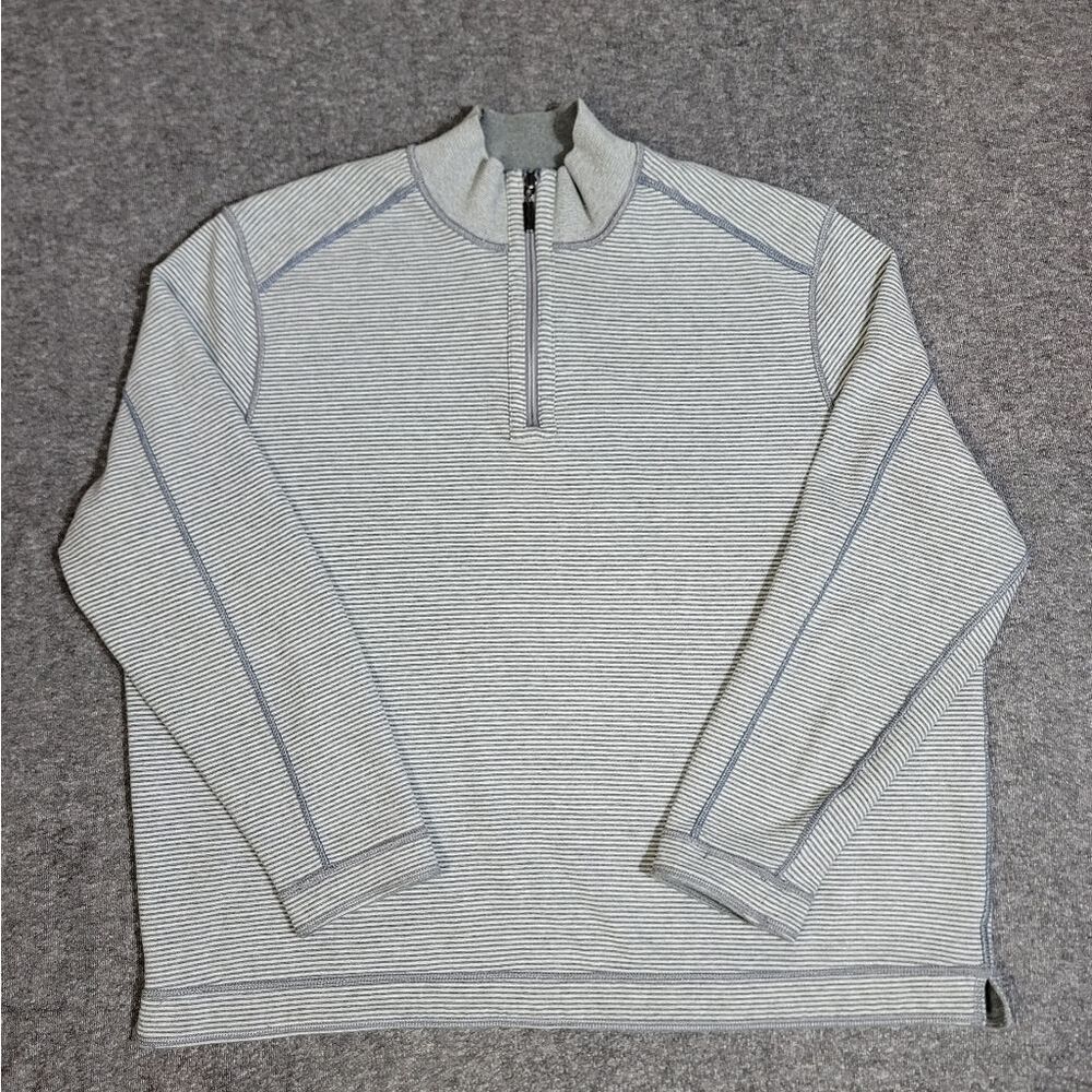 Tommy Bahama Reversible Quarter Zip Pullover Knit Sweater Gray Stripe Men’s XL.